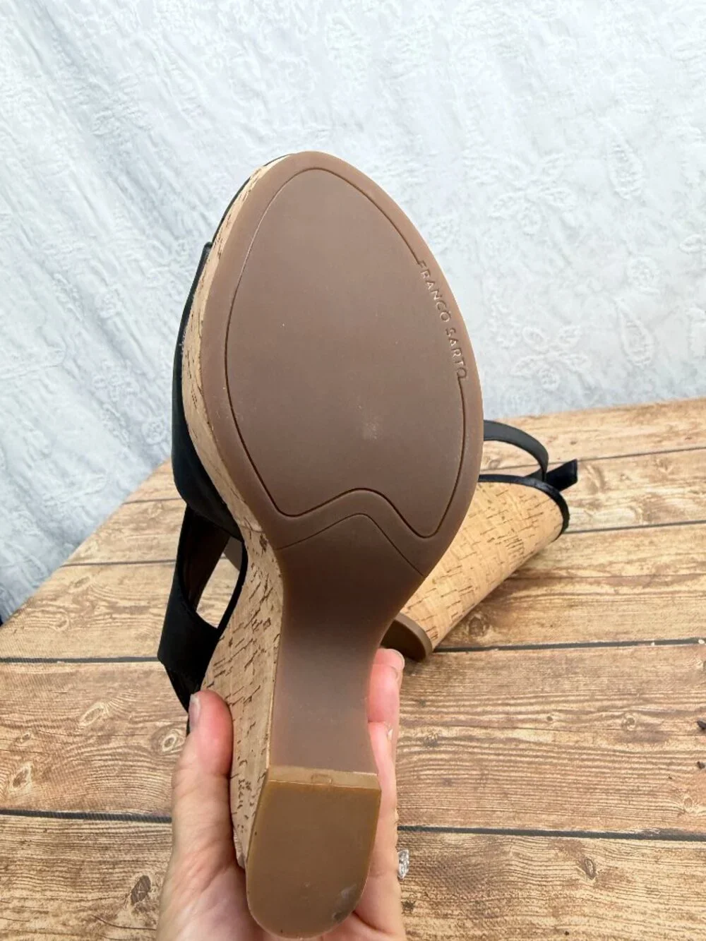 Franco Sarto Women’s Black Leather Peep Toe Cork Wedge Sandals Ankle Strap 10
